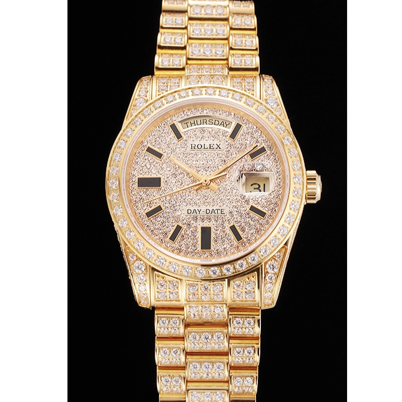 Rolex copies cheap Diamond Swiss Pave Full Yellow Rolex Date Gold Day 0525